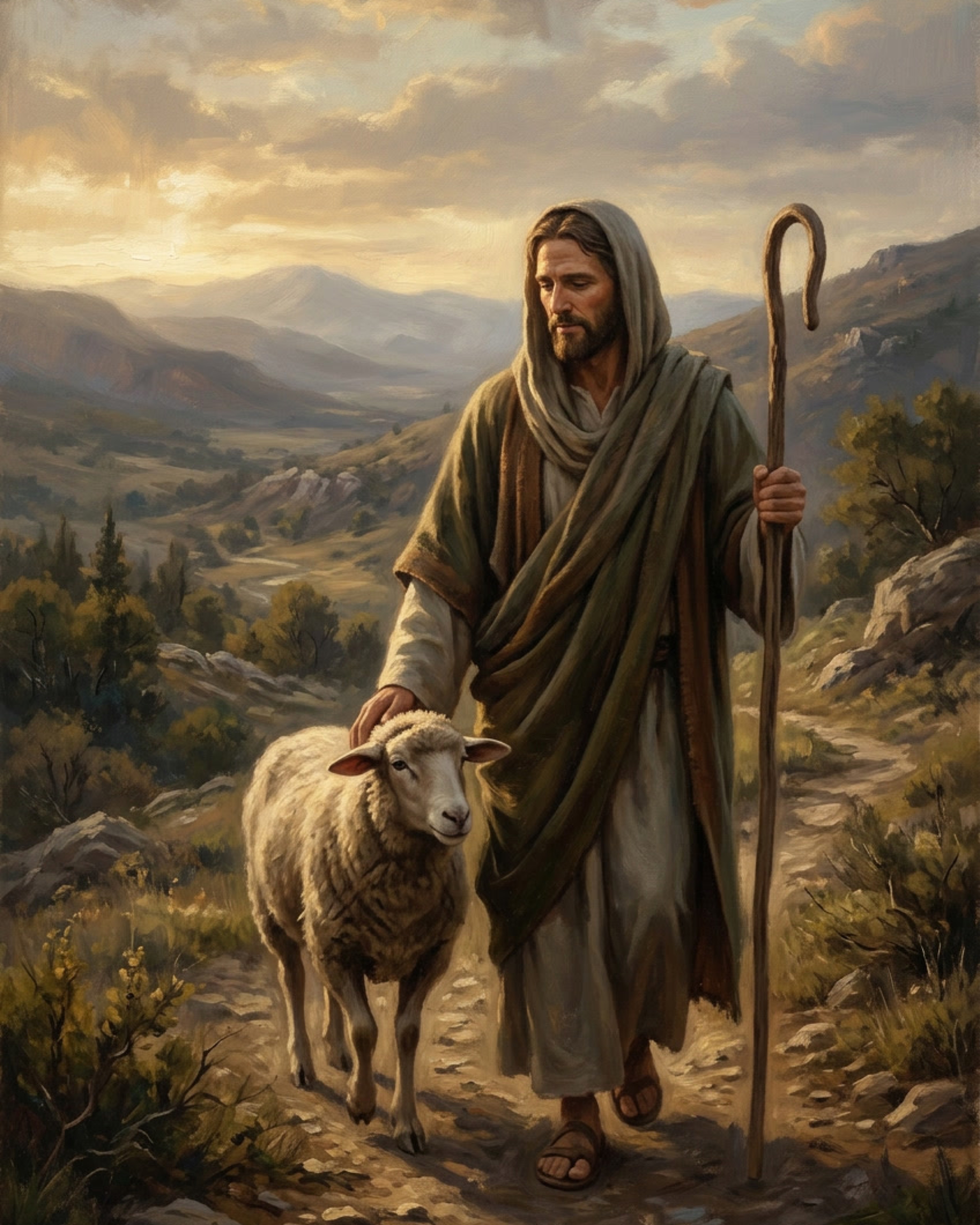 Jesus walking beside and gently tending a sheep in a warm mountain landscape.