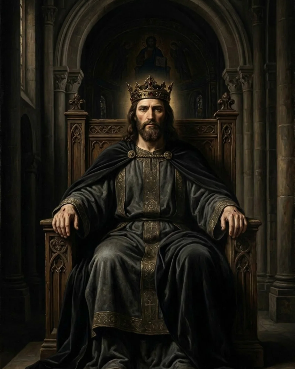 Christ seated frontally on a carved throne, crowned and robed within a shadowed sacred interior.