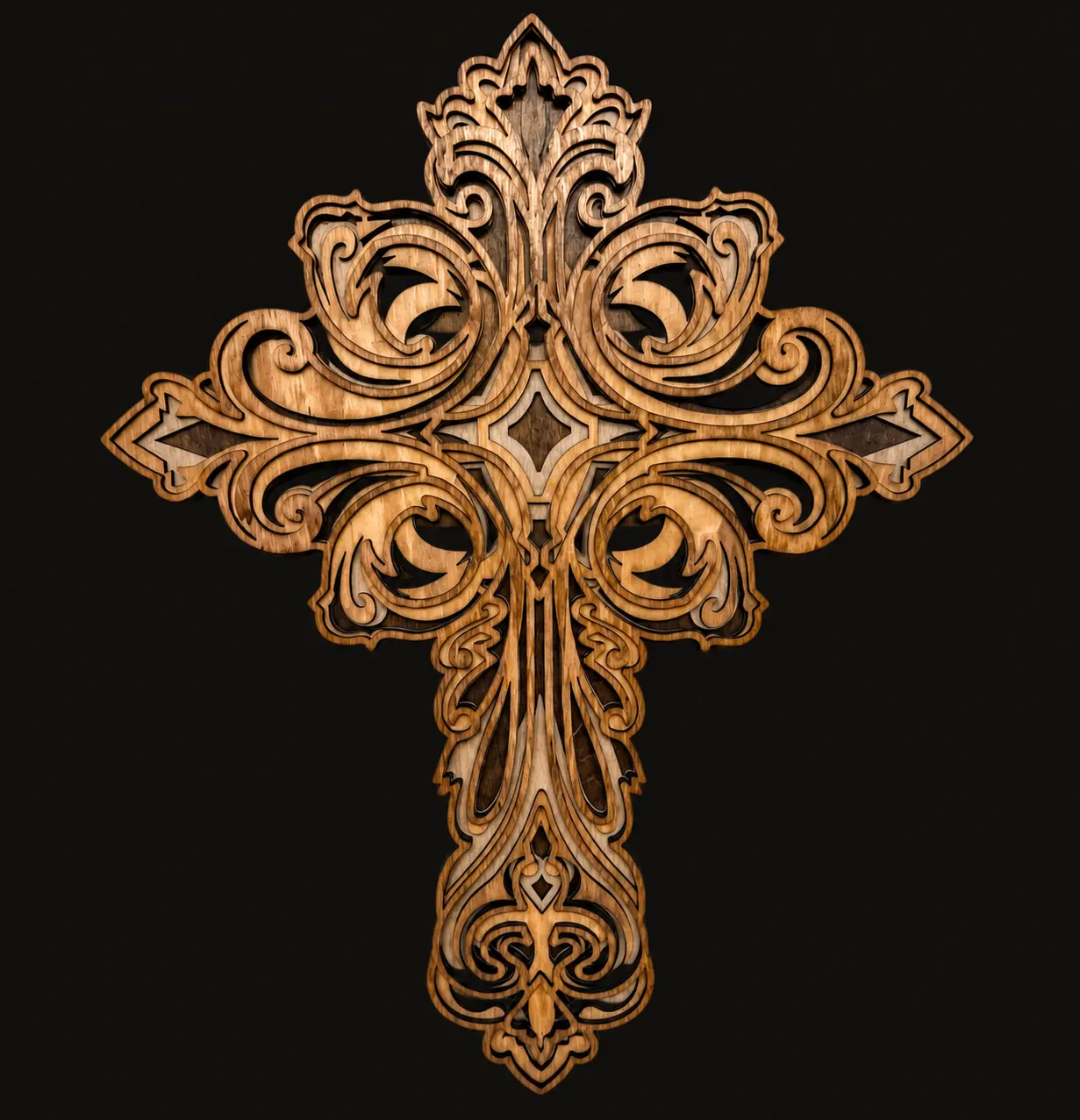 An ornate Christian cross assembled from intricately cut layers of natural wood.