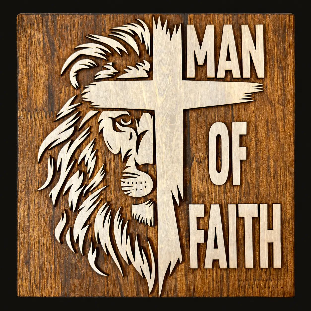 A layered wood sign combining a lion, crown, cross, and the words Man of Faith.