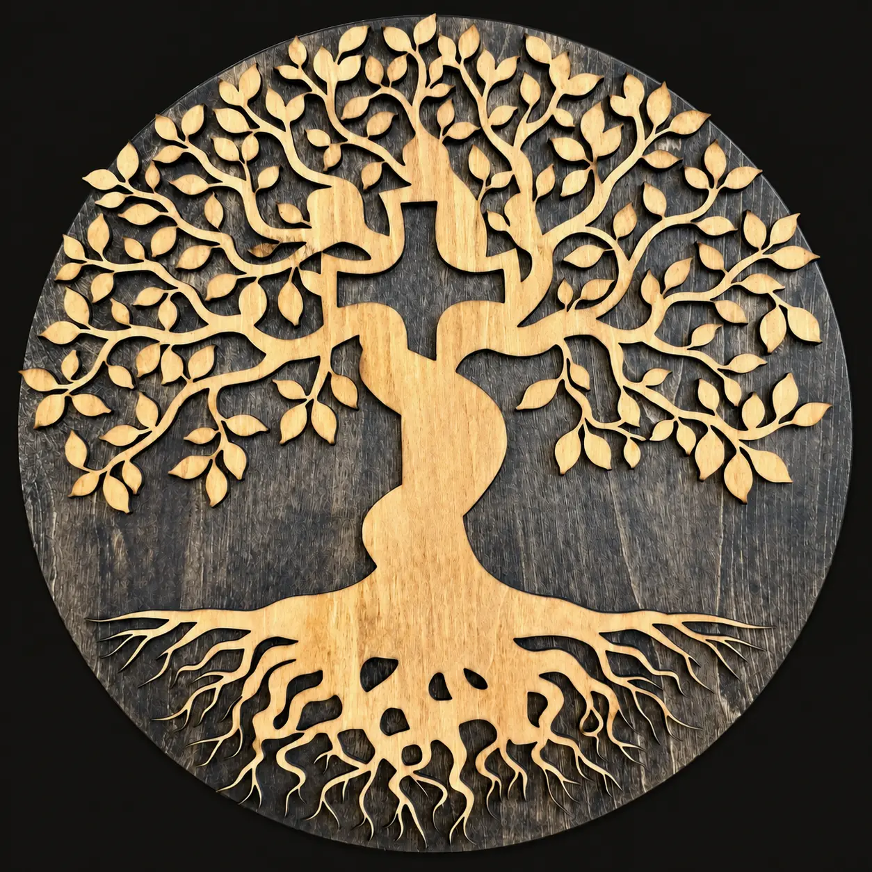 A layered wood Tree of Life with a Christian cross at the center of its branches.